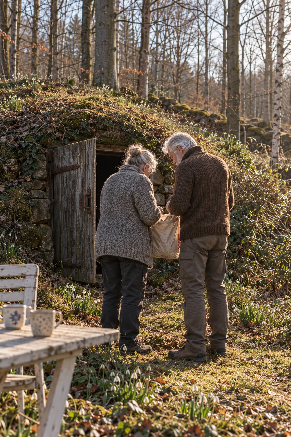 Ett äldre par står vid en gammal jordkällare i skogen en vårdag, med snödroppar i gräset och två kaffemuggar på ett trädgårdsbord