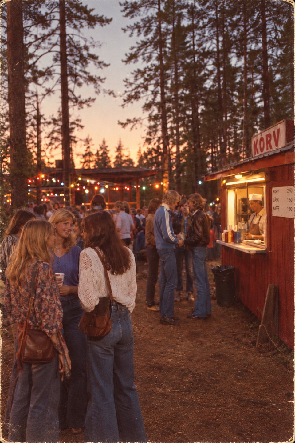Kväll på en skogsfest med färgglada lampor och en korvkiosk
