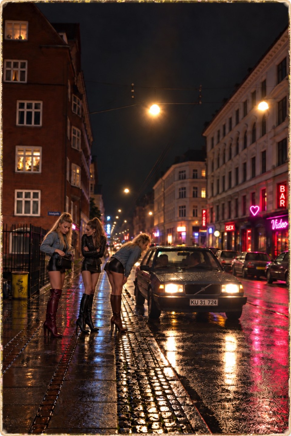 Regnig kvällsgata med neonskyltar där en bil har stannat vid trottoaren