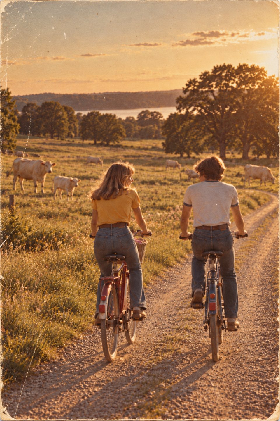 Ett par cyklar längs en grusväg förbi betande kor i kvällssol