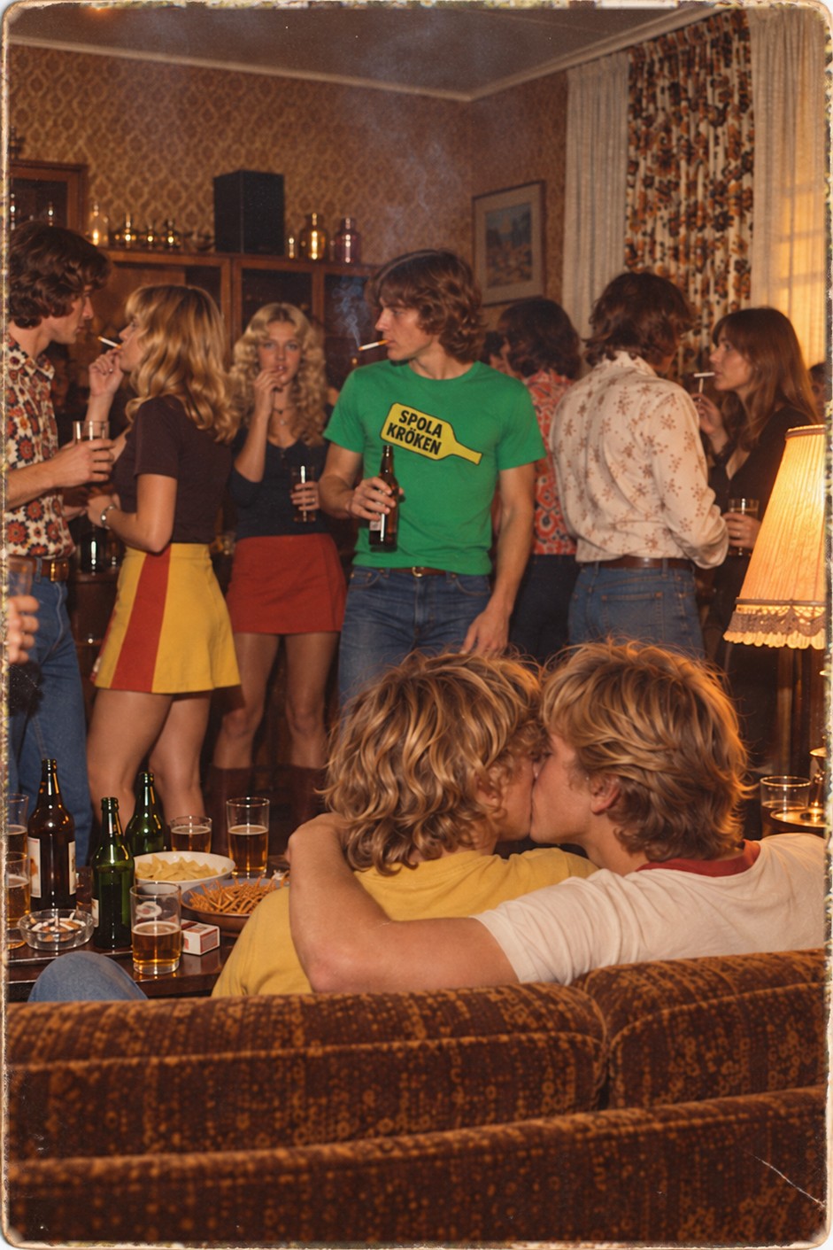 Fest i ett vardagsrum på 70-talet där två unga män kysser varandra i soffan medan de andra festar runtomkring