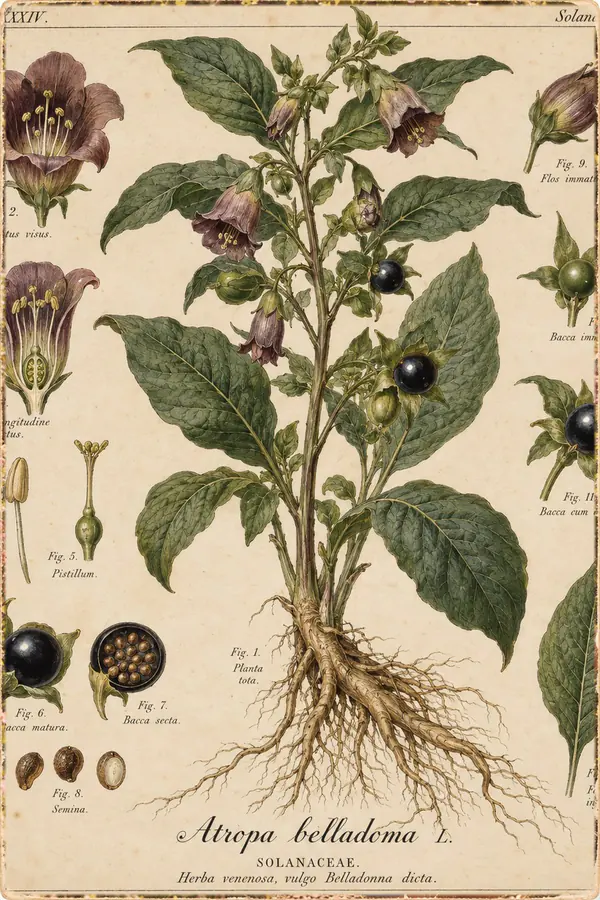 Botanisk plansch över belladonna, Atropa belladonna, med blommor, bär och rot