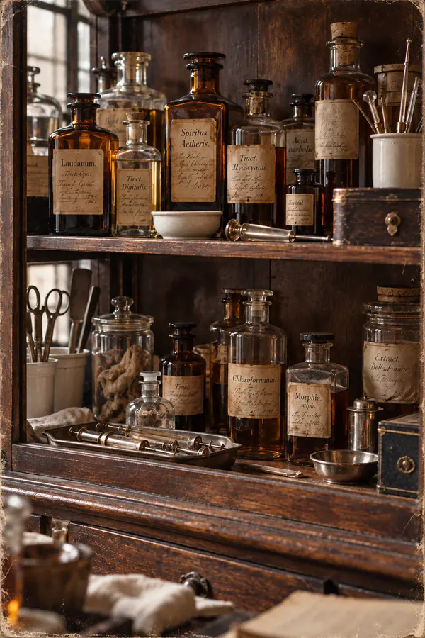 Apotekarskåp med gamla medicinflaskor märkta laudanum, kloroform, morfin och belladonna