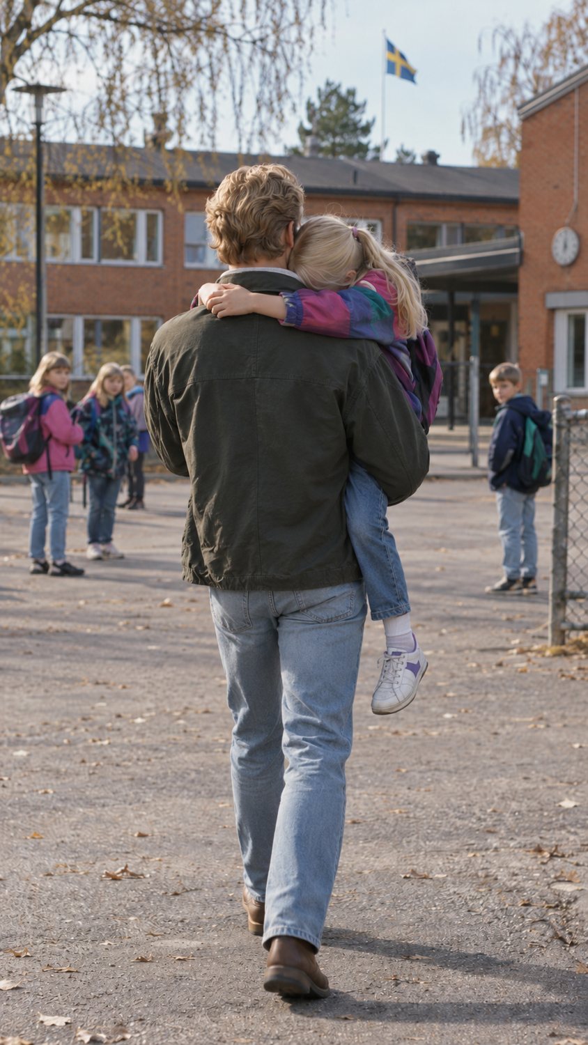 En man bär en sovande flicka över en skolgård en höstdag, medan andra barn tittar på