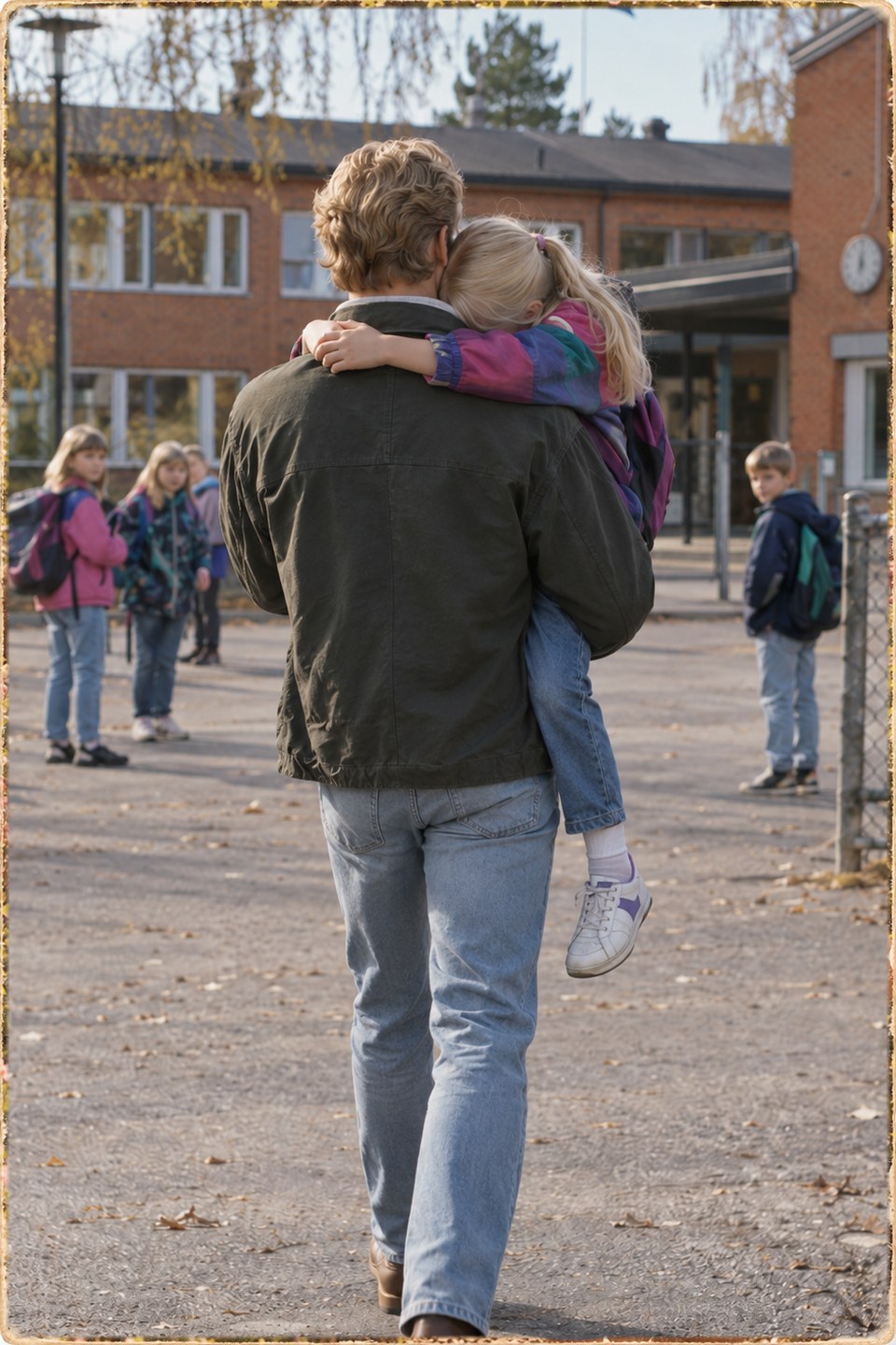 En man bär en sovande flicka över en skolgård en höstdag, medan andra barn tittar på