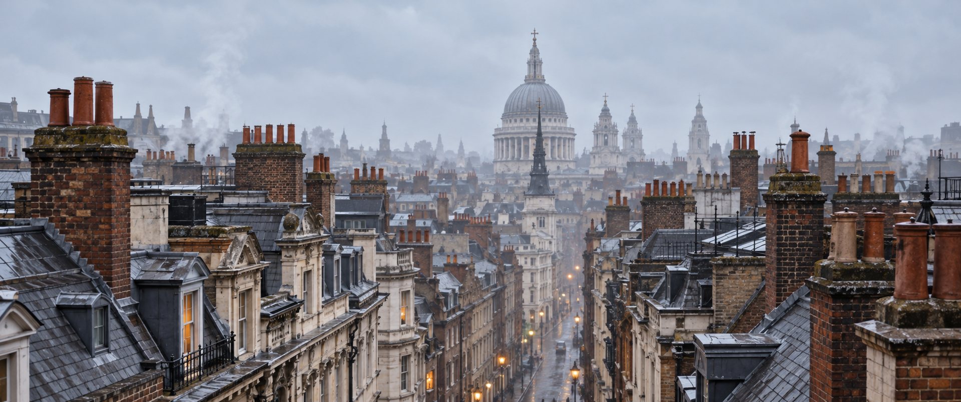Tak och skorstenar i ett disigt, regnigt London med St Paul's Cathedral i fjärran och gatlyktor som tänds