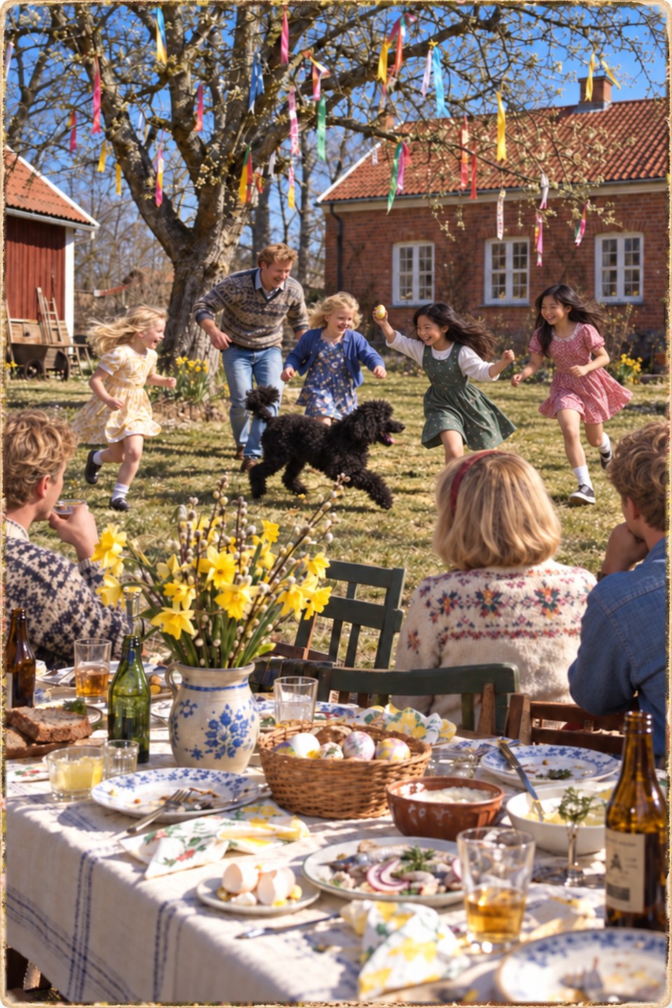 Påskfest i en trädgård med barn, en hund och påskliljor på bordet