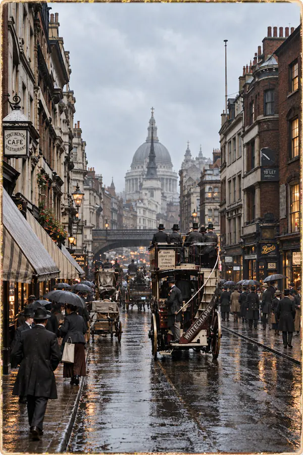 Regnig gata i London med en hästdragen omnibus mot Whitechapel och St Paul's Cathedral i fjärran